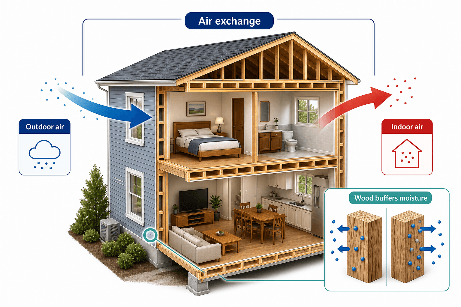 Simplified house cutaway showing outdoor air entering, indoor air leaving, and wood buffering moisture.