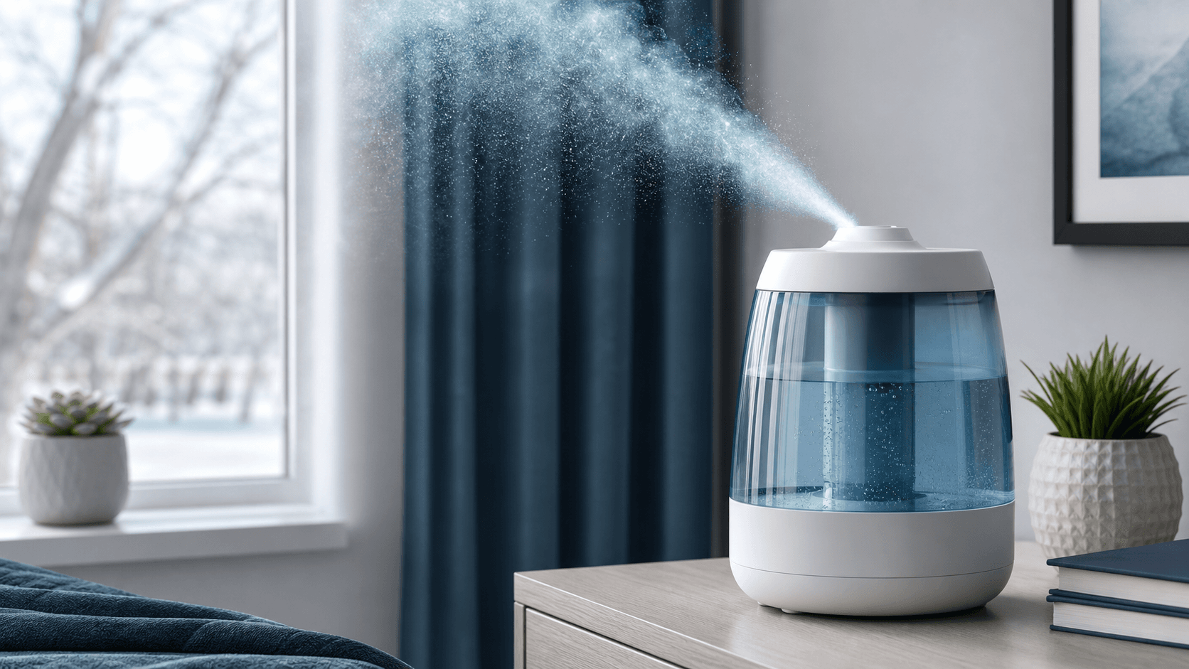 Generic droplet-emitter room humidifier releasing a fine mist beside a bedroom window.