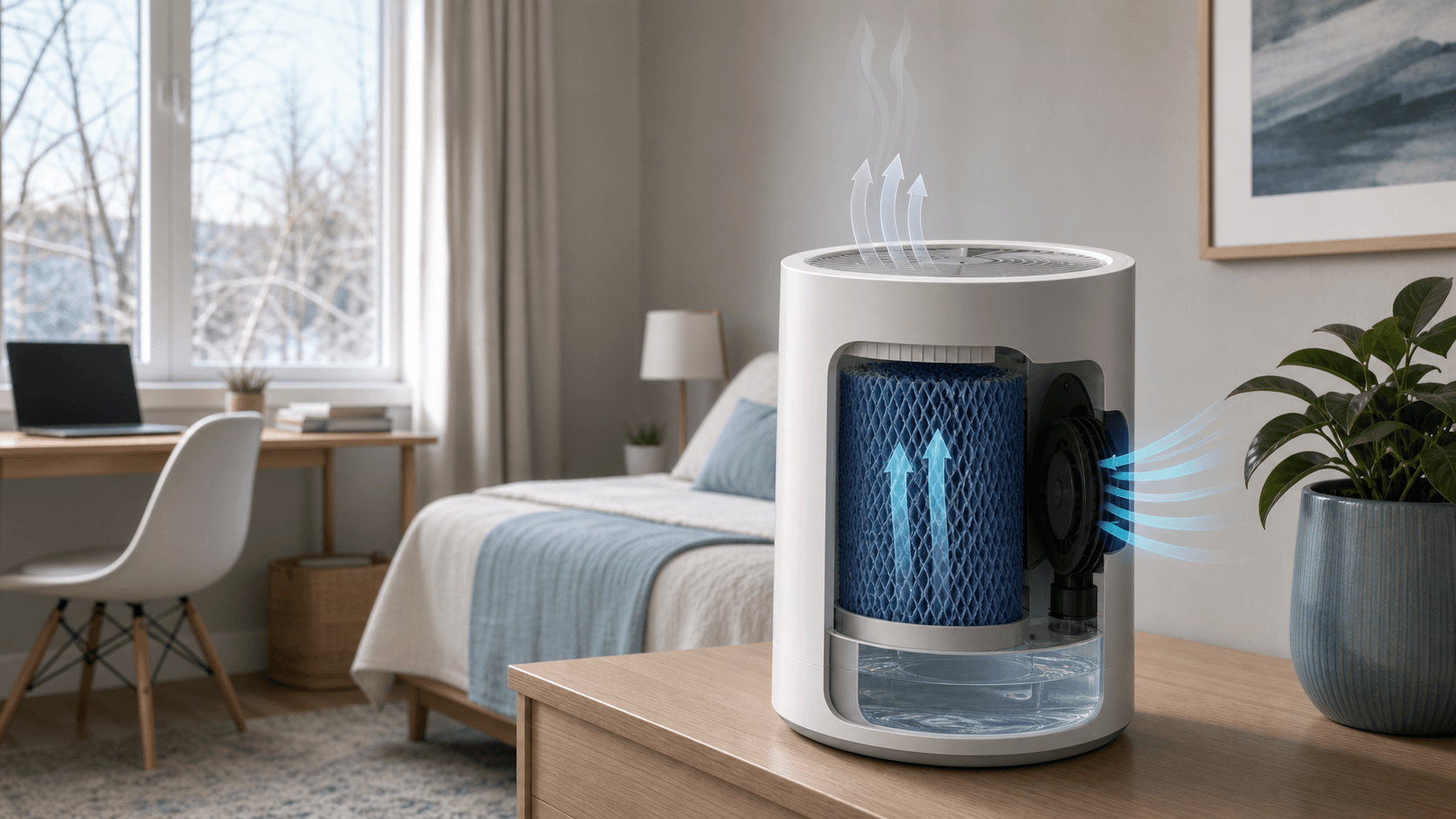 Generic evaporative room humidifier with a visible wet wick and fan airflow in a bedroom setting.