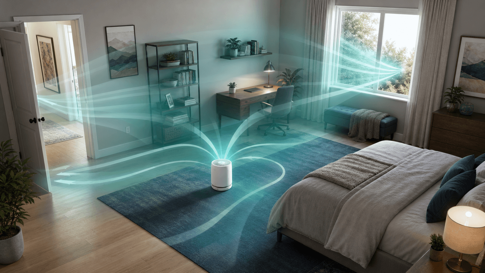 A bedroom and home office showing humidifier airflow spreading unevenly through a room, doorway, and window area.