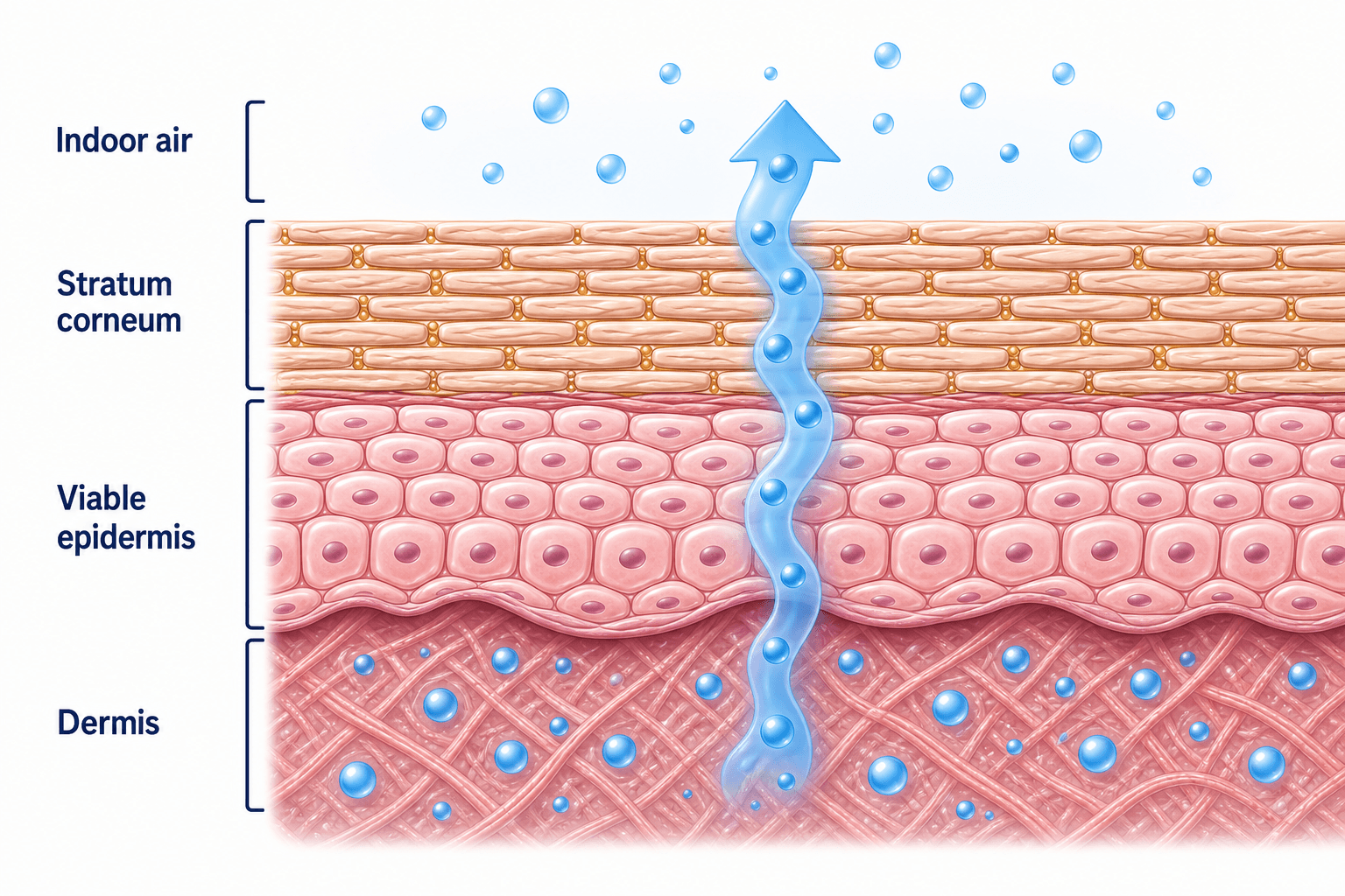 Skin cross-section showing indoor air, stratum corneum, viable epidermis, dermis, outward water flux, and stratum corneum sorption response.