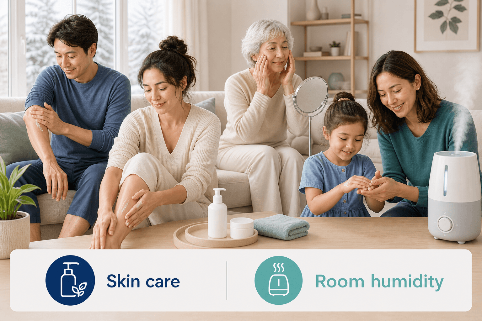 Adults, an older adult, and a child using skin care on arms, legs, hands, and face beside a humidifier.