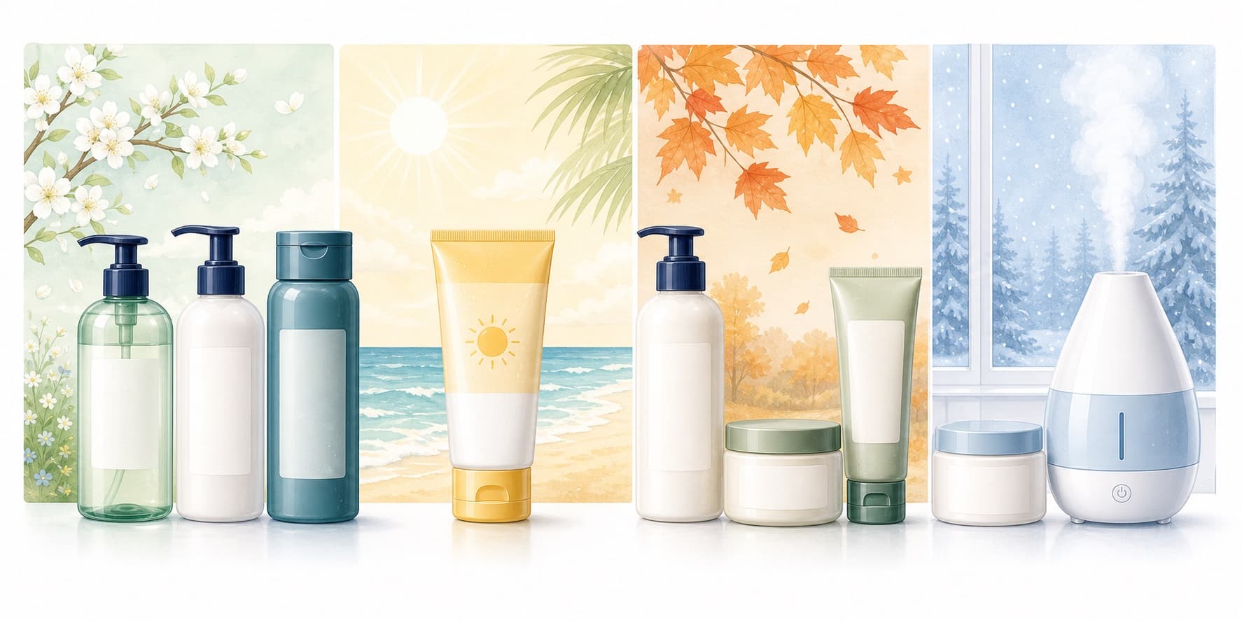 Illustrated seasonal row showing spring body wash, lotion, and hydrating shampoo; summer sunscreen plus lotion; fall lotion, cream, and cleanser; and winter lotion, cream, and humidifier support.