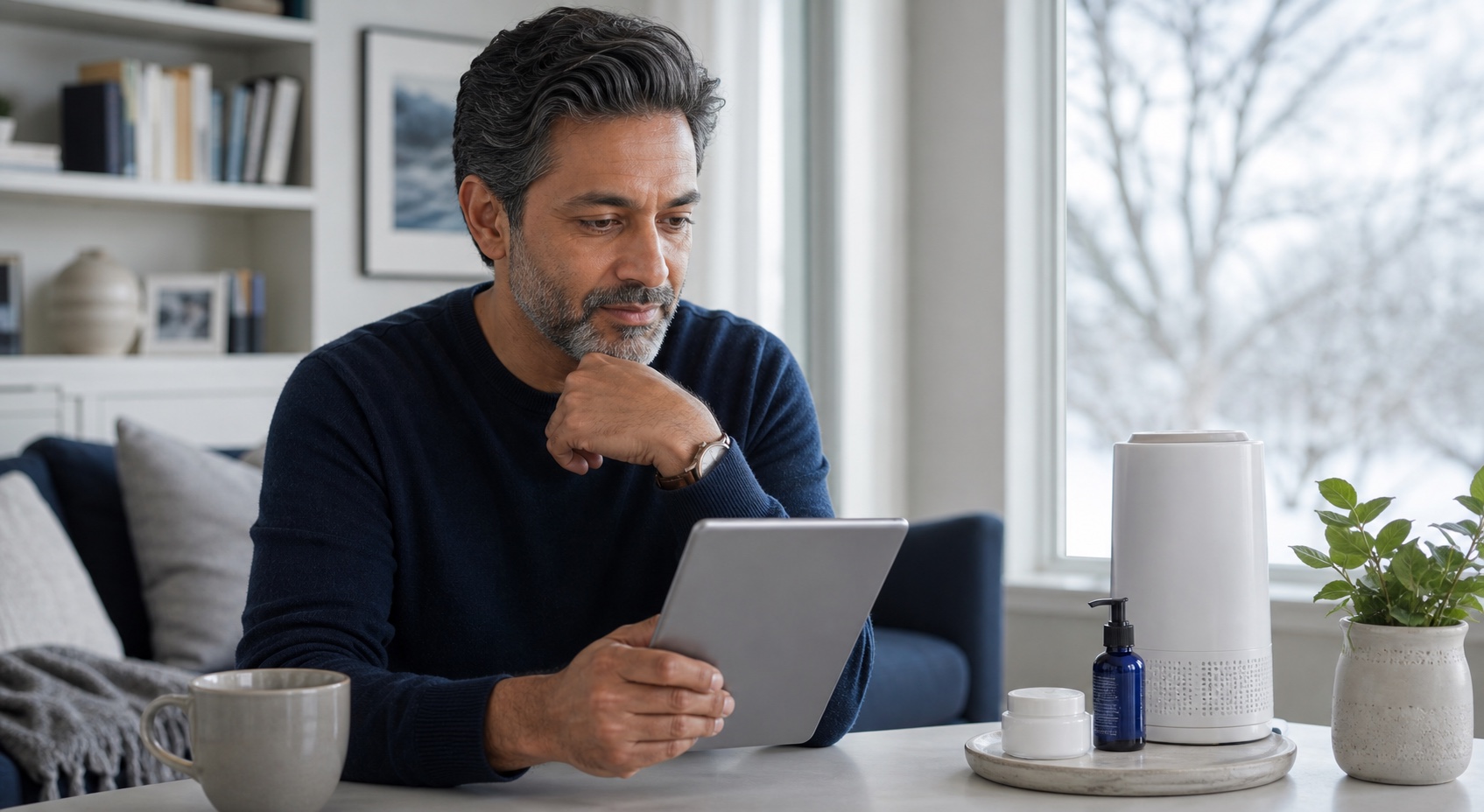 Person reviewing skin care guidance on a tablet beside lotion and a room humidifier in a winter home setting.
